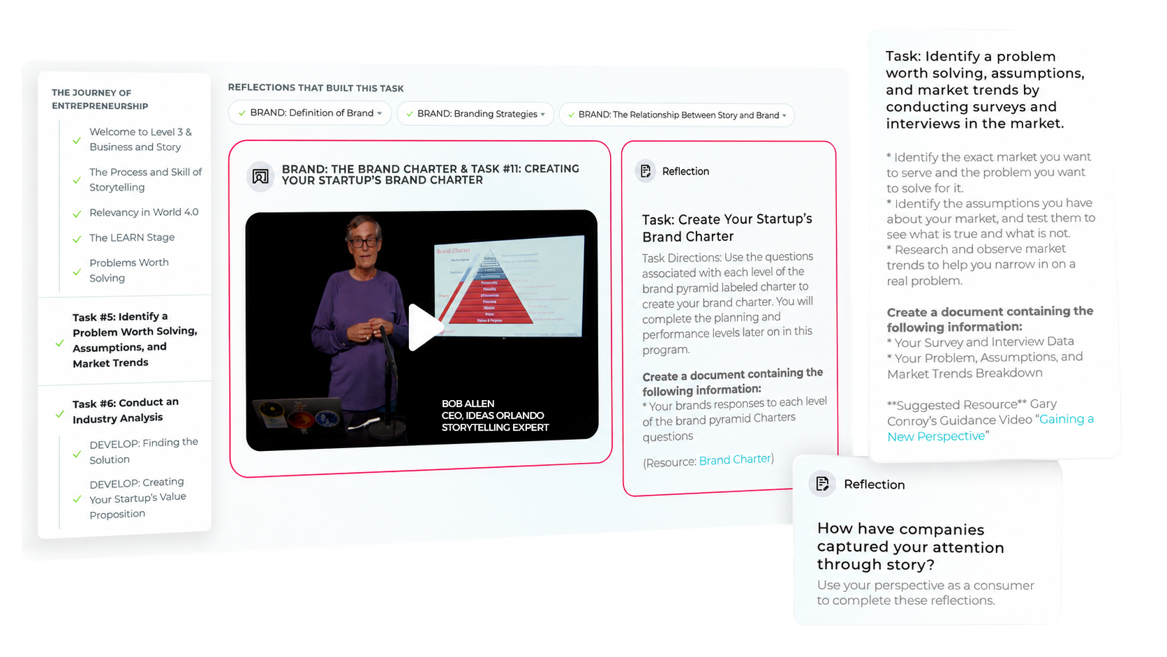 A session inside the Course in Entrepreneurship: a video lesson with its task and reflection.